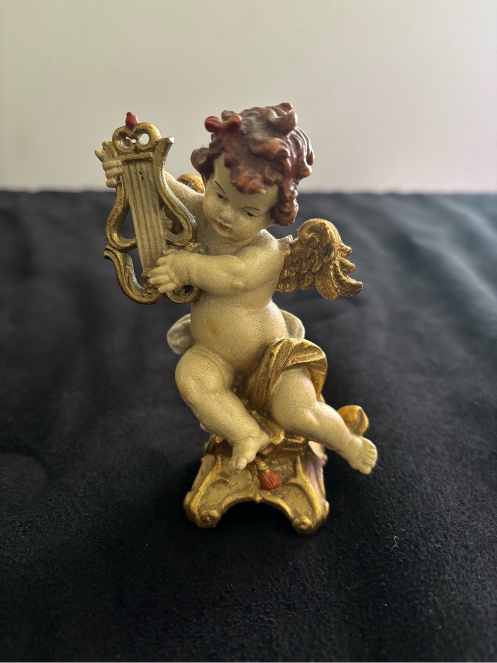 Vintage Hand-Carved & Hand-Painted German Cherub Angel with Lyre Figurine
